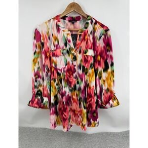 New Ava & Grace Stretchy Office Blouse Pink Multi Split Neck Roll Tab Slv Size L